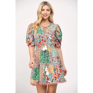FATE Floral Statement Sleeve Patchwork Tired Mini Dress wedding guest Easter NWT